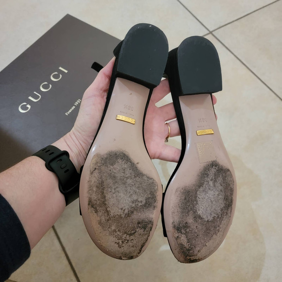 Gucci Suede Sandals Horsebit 38.5 Low Heel Black Gold Ankle Strap 338960 - Picture 13 of 15